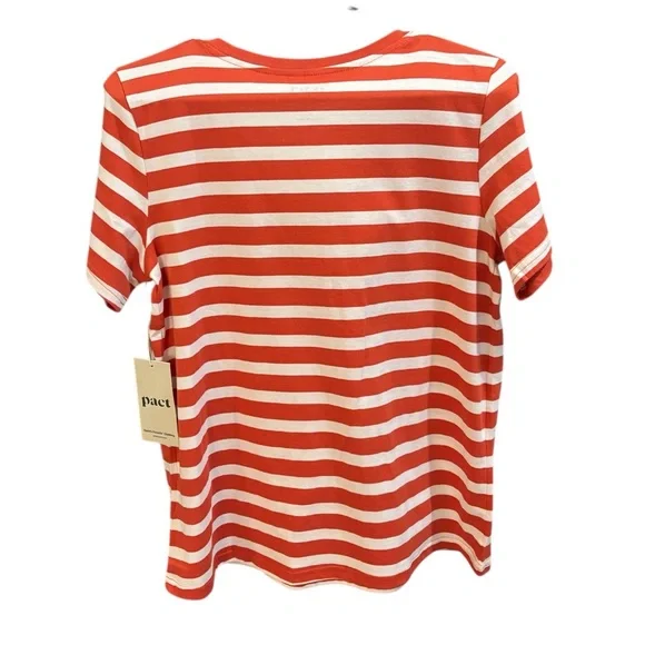 Pact Softspun V-Neck Tee in Palisade (Red-Orange & White Stripes). Size S. NWT - Picture 2 of 9